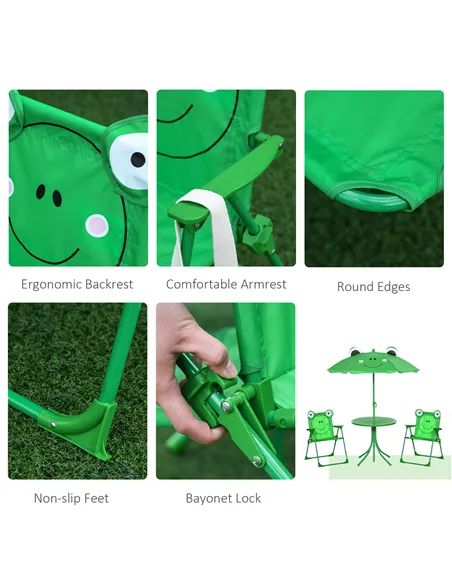 Outsunny Kids Folding Picnic Table Chair Set w/ Parasol, Green