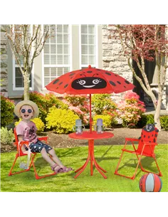 Outsunny Kids Folding Picnic Table Chair Set w/ Parasol, Red 2