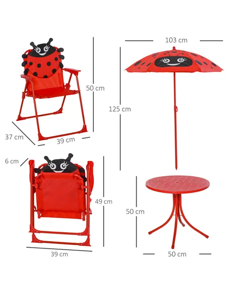 Outsunny Kids Folding Picnic Table Chair Set w/ Parasol, Red