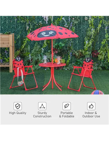 Outsunny Kids Folding Picnic Table Chair Set w/ Parasol, Red