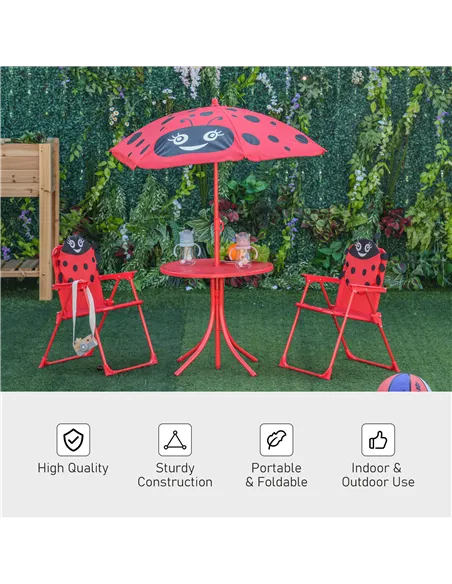 Outsunny Kids Folding Picnic Table Chair Set w/ Parasol, Red