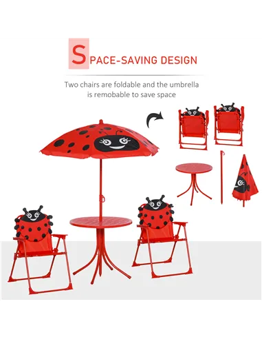 Outsunny Kids Folding Picnic Table Chair Set w/ Parasol, Red