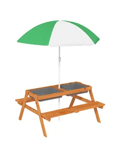 Outsunny Kids Picnic Table with Benches, Wooden Sand and Water Table, Adjustable Parasol, Storage Bins, for Kids 3-6 Years, Brow