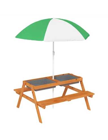 Outsunny Kids Picnic Table with Benches, Wooden Sand and Water Table, Adjustable Parasol, Storage Bins, for Kids 3-6 Years, Brow