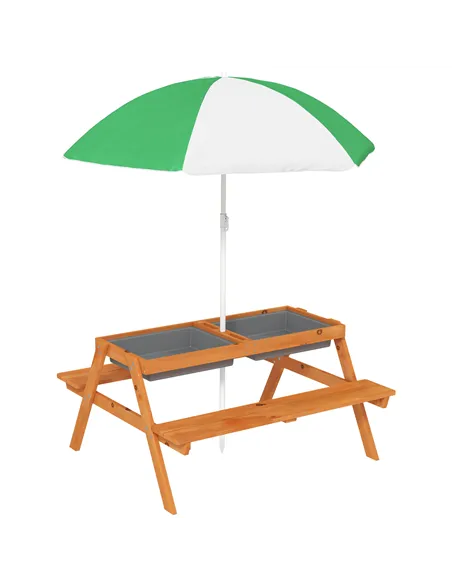 Outsunny Kids Picnic Table with Benches, Wooden Sand and Water Table, Adjustable Parasol, Storage Bins, for Kids 3-6 Years, Brow