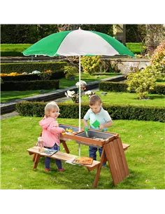 Outsunny Kids Picnic Table with Benches, Wooden Sand and Water Table, Adjustable Parasol, Storage Bins, for Kids 3-6 Years, Brow 2