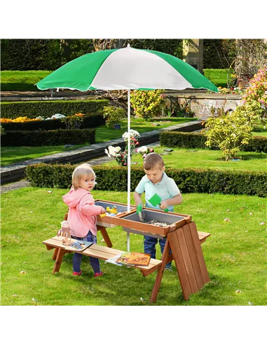 Outsunny Kids Picnic Table with Benches, Wooden Sand and Water Table, Adjustable Parasol, Storage Bins, for Kids 3-6 Years, Brow