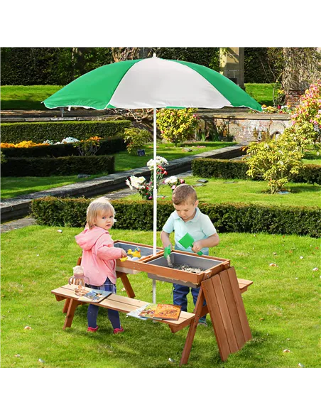 Outsunny Kids Picnic Table with Benches, Wooden Sand and Water Table, Adjustable Parasol, Storage Bins, for Kids 3-6 Years, Brow