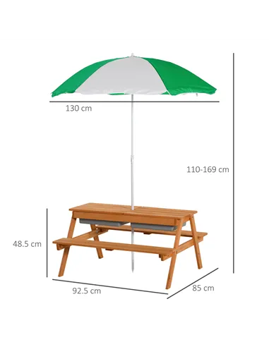 Outsunny Kids Picnic Table with Benches, Wooden Sand and Water Table, Adjustable Parasol, Storage Bins, for Kids 3-6 Years, Brow