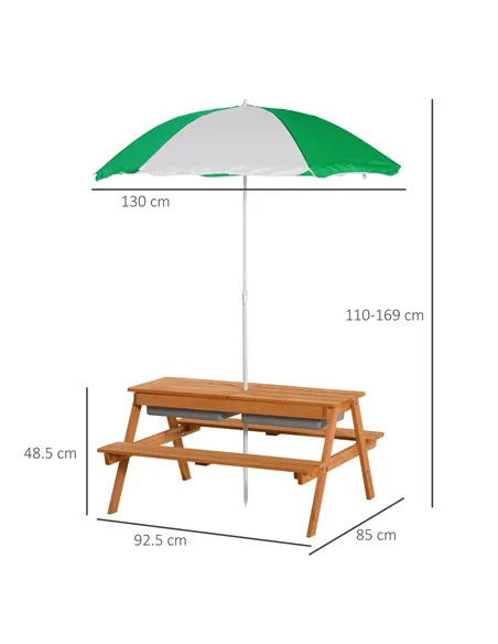 Outsunny Kids Picnic Table with Benches, Wooden Sand and Water Table, Adjustable Parasol, Storage Bins, for Kids 3-6 Years, Brow