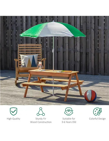 Outsunny Kids Picnic Table with Benches, Wooden Sand and Water Table, Adjustable Parasol, Storage Bins, for Kids 3-6 Years, Brow