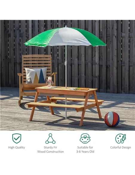 Outsunny Kids Picnic Table with Benches, Wooden Sand and Water Table, Adjustable Parasol, Storage Bins, for Kids 3-6 Years, Brow