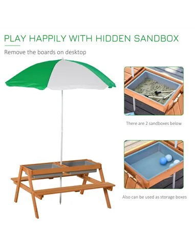 Outsunny Kids Picnic Table with Benches, Wooden Sand and Water Table, Adjustable Parasol, Storage Bins, for Kids 3-6 Years, Brow