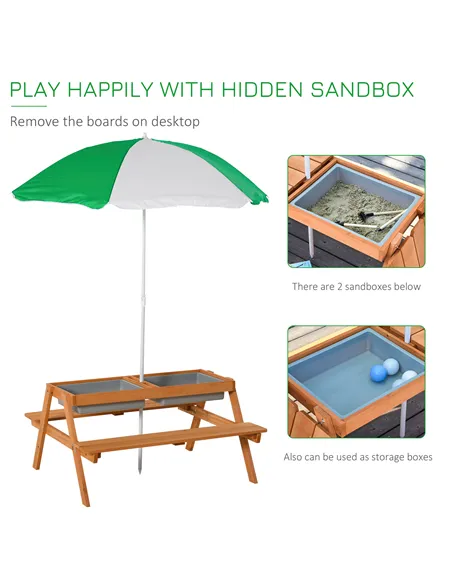 Outsunny Kids Picnic Table with Benches, Wooden Sand and Water Table, Adjustable Parasol, Storage Bins, for Kids 3-6 Years, Brow