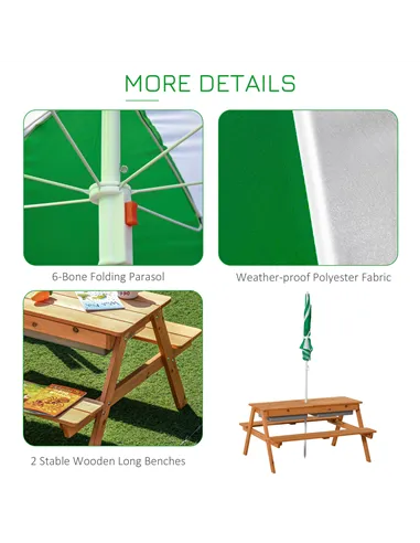 Outsunny Kids Picnic Table with Benches, Wooden Sand and Water Table, Adjustable Parasol, Storage Bins, for Kids 3-6 Years, Brow