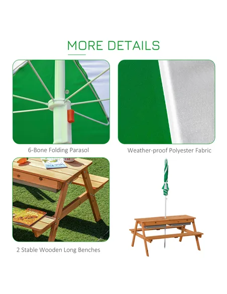 Outsunny Kids Picnic Table with Benches, Wooden Sand and Water Table, Adjustable Parasol, Storage Bins, for Kids 3-6 Years, Brow