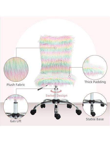 HOMCOM Fluffy Desk Chair, Armless Students Chair, Makeup Vanity Chair with Adjustable Height, Rolling Wheels for Home Study Bedr