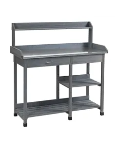 Outsunny Garden Potting Table, Wooden Workstation Bench w/ Galvanized Metal Tabletop, Drawer, Storage Shelves and Hooks for Pati