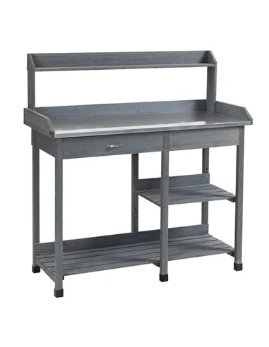 Outsunny Garden Potting Table, Wooden Workstation Bench w/ Galvanized Metal Tabletop, Drawer, Storage Shelves and Hooks for Pati