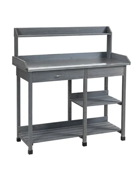 Outsunny Garden Potting Table, Wooden Workstation Bench w/ Galvanized Metal Tabletop, Drawer, Storage Shelves and Hooks for Pati