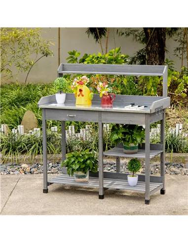 Outsunny Garden Potting Table, Wooden Workstation Bench w/ Galvanized Metal Tabletop, Drawer, Storage Shelves and Hooks for Pati