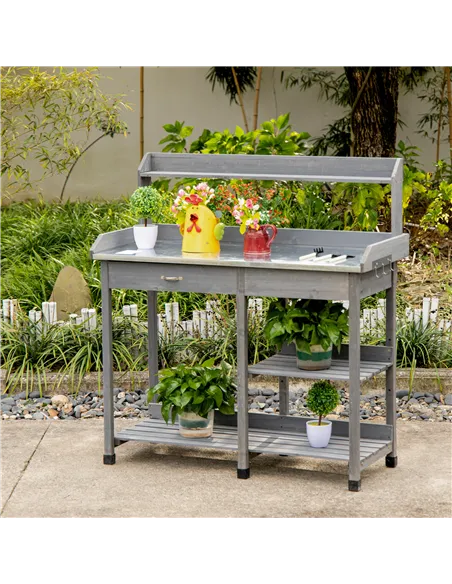 Outsunny Garden Potting Table, Wooden Workstation Bench w/ Galvanized Metal Tabletop, Drawer, Storage Shelves and Hooks for Pati