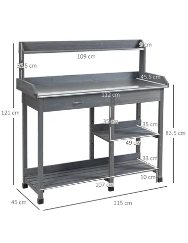 Outsunny Garden Potting Table, Wooden Workstation Bench w/ Galvanized Metal Tabletop, Drawer, Storage Shelves and Hooks for Pati