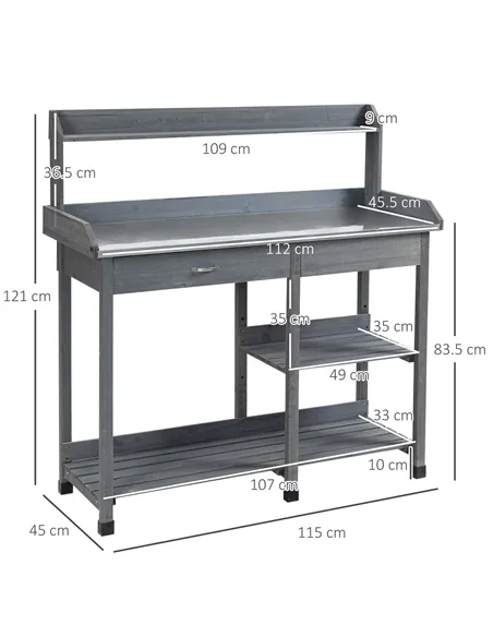 Outsunny Garden Potting Table, Wooden Workstation Bench w/ Galvanized Metal Tabletop, Drawer, Storage Shelves and Hooks for Pati