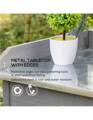 Outsunny Garden Potting Table, Wooden Workstation Bench w/ Galvanized Metal Tabletop, Drawer, Storage Shelves and Hooks for Pati