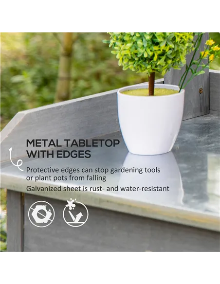 Outsunny Garden Potting Table, Wooden Workstation Bench w/ Galvanized Metal Tabletop, Drawer, Storage Shelves and Hooks for Pati