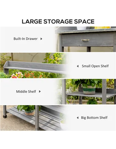 Outsunny Garden Potting Table, Wooden Workstation Bench w/ Galvanized Metal Tabletop, Drawer, Storage Shelves and Hooks for Pati