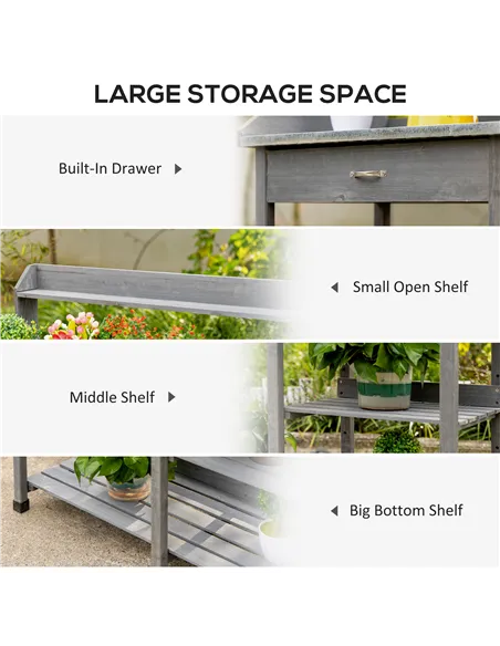 Outsunny Garden Potting Table, Wooden Workstation Bench w/ Galvanized Metal Tabletop, Drawer, Storage Shelves and Hooks for Pati