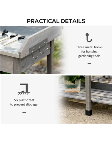 Outsunny Garden Potting Table, Wooden Workstation Bench w/ Galvanized Metal Tabletop, Drawer, Storage Shelves and Hooks for Pati