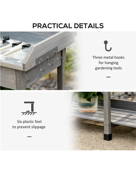 Outsunny Garden Potting Table, Wooden Workstation Bench w/ Galvanized Metal Tabletop, Drawer, Storage Shelves and Hooks for Pati