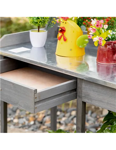 Outsunny Garden Potting Table, Wooden Workstation Bench w/ Galvanized Metal Tabletop, Drawer, Storage Shelves and Hooks for Pati