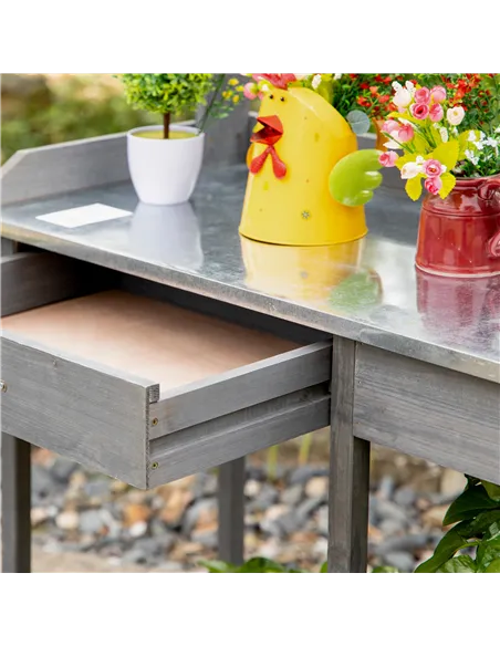 Outsunny Garden Potting Table, Wooden Workstation Bench w/ Galvanized Metal Tabletop, Drawer, Storage Shelves and Hooks for Pati