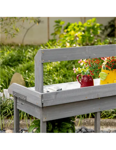Outsunny Garden Potting Table, Wooden Workstation Bench w/ Galvanized Metal Tabletop, Drawer, Storage Shelves and Hooks for Pati