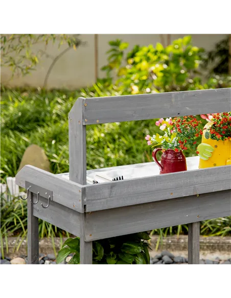 Outsunny Garden Potting Table, Wooden Workstation Bench w/ Galvanized Metal Tabletop, Drawer, Storage Shelves and Hooks for Pati