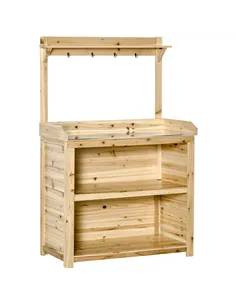Outsunny Garden Potting Bench Table, Wooden Workstation Bench w/ Galvanized Metal Tabletop, Storage Shelves and Hooks, Natural