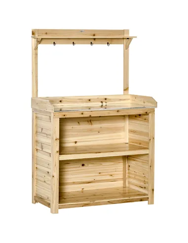 Outsunny Garden Potting Bench Table, Wooden Workstation Bench w/ Galvanized Metal Tabletop, Storage Shelves and Hooks, Natural