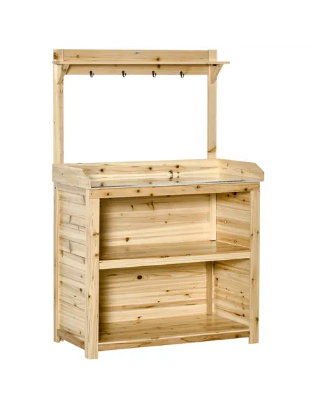 Outsunny Garden Potting Bench Table, Wooden Workstation Bench w/ Galvanized Metal Tabletop, Storage Shelves and Hooks, Natural