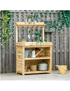 Outsunny Garden Potting Bench Table, Wooden Workstation Bench w/ Galvanized Metal Tabletop, Storage Shelves and Hooks, Natural 2