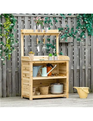 Outsunny Garden Potting Bench Table, Wooden Workstation Bench w/ Galvanized Metal Tabletop, Storage Shelves and Hooks, Natural