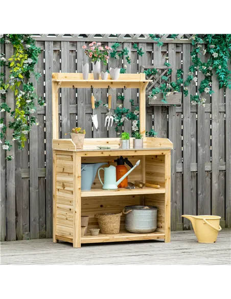 Outsunny Garden Potting Bench Table, Wooden Workstation Bench w/ Galvanized Metal Tabletop, Storage Shelves and Hooks, Natural