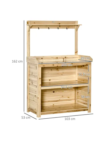 Outsunny Garden Potting Bench Table, Wooden Workstation Bench w/ Galvanized Metal Tabletop, Storage Shelves and Hooks, Natural