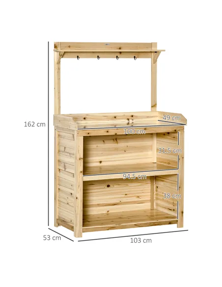 Outsunny Garden Potting Bench Table, Wooden Workstation Bench w/ Galvanized Metal Tabletop, Storage Shelves and Hooks, Natural