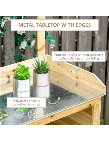 Outsunny Garden Potting Bench Table, Wooden Workstation Bench w/ Galvanized Metal Tabletop, Storage Shelves and Hooks, Natural
