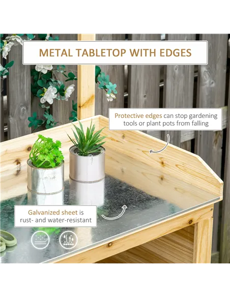 Outsunny Garden Potting Bench Table, Wooden Workstation Bench w/ Galvanized Metal Tabletop, Storage Shelves and Hooks, Natural