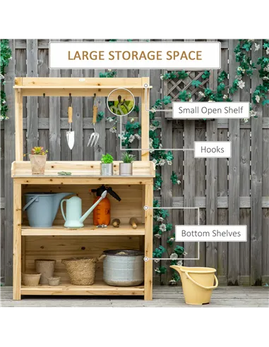 Outsunny Garden Potting Bench Table, Wooden Workstation Bench w/ Galvanized Metal Tabletop, Storage Shelves and Hooks, Natural