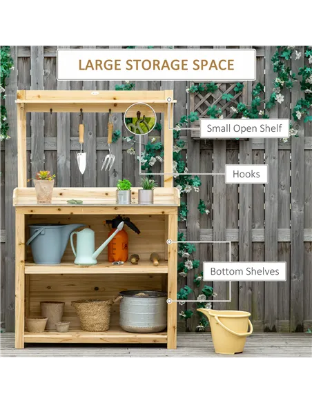 Outsunny Garden Potting Bench Table, Wooden Workstation Bench w/ Galvanized Metal Tabletop, Storage Shelves and Hooks, Natural